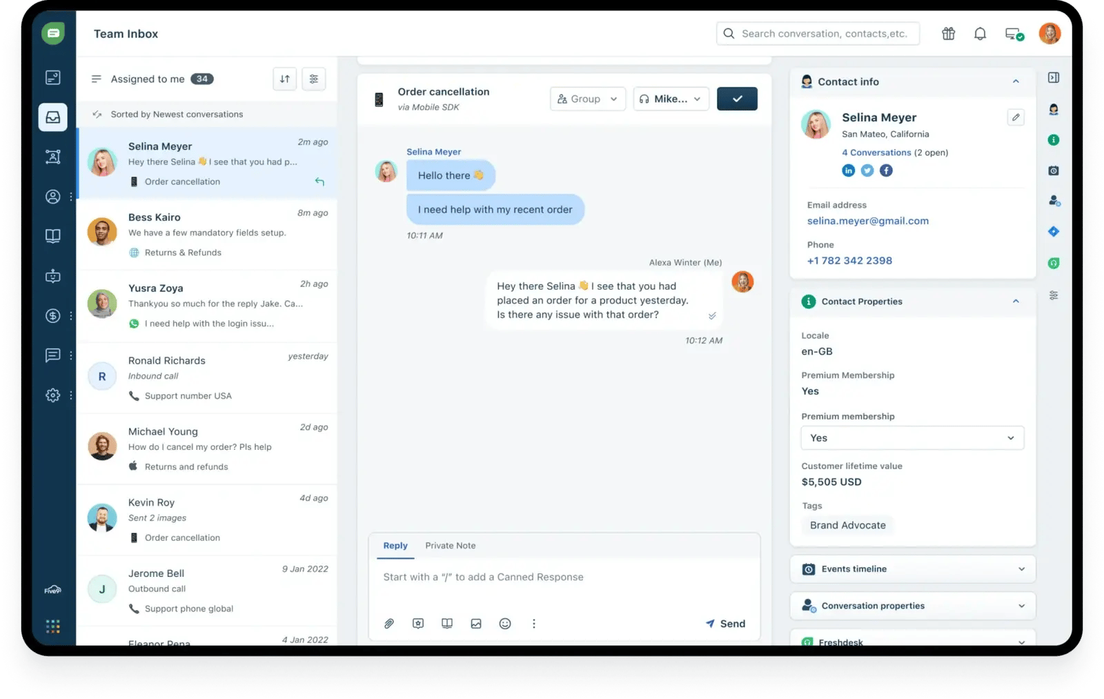 Freshchat: Mensajes y contexto del cliente desde un espacio de atención.