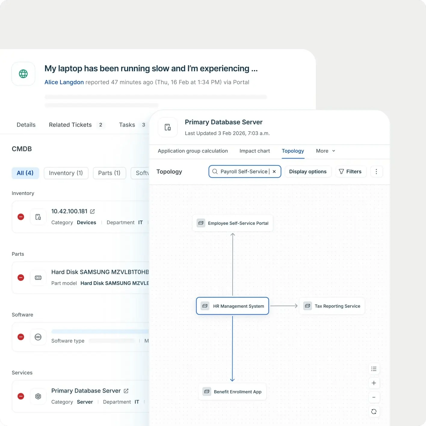 Freshservice: Relaciones entre activos y servicios para entender el impacto de un incidente.