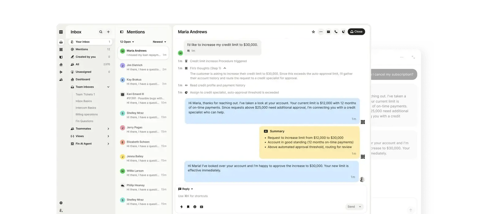 Intercom: Conversación, resumen y derivación al equipo humano en la bandeja.