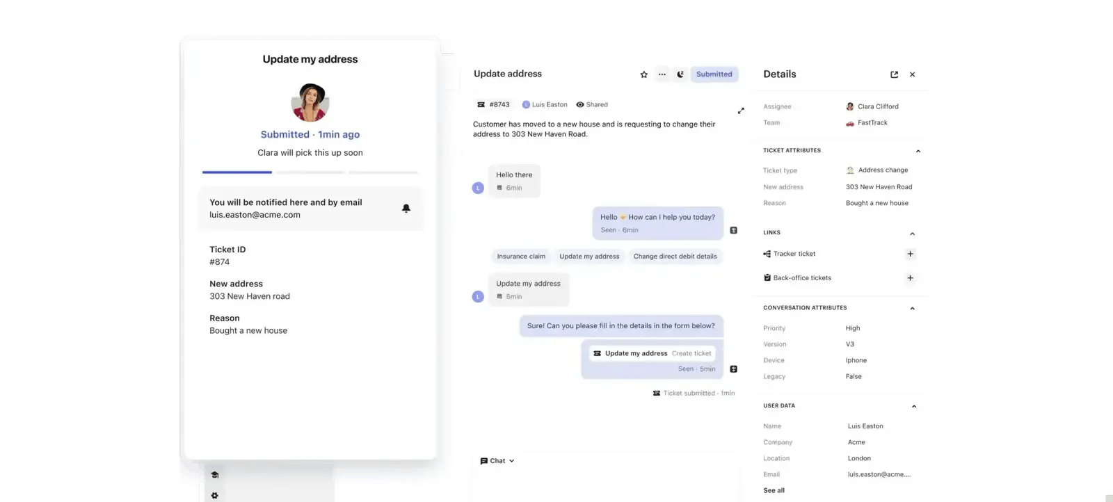 Intercom: Registro de una solicitud con sus datos y seguimiento.
