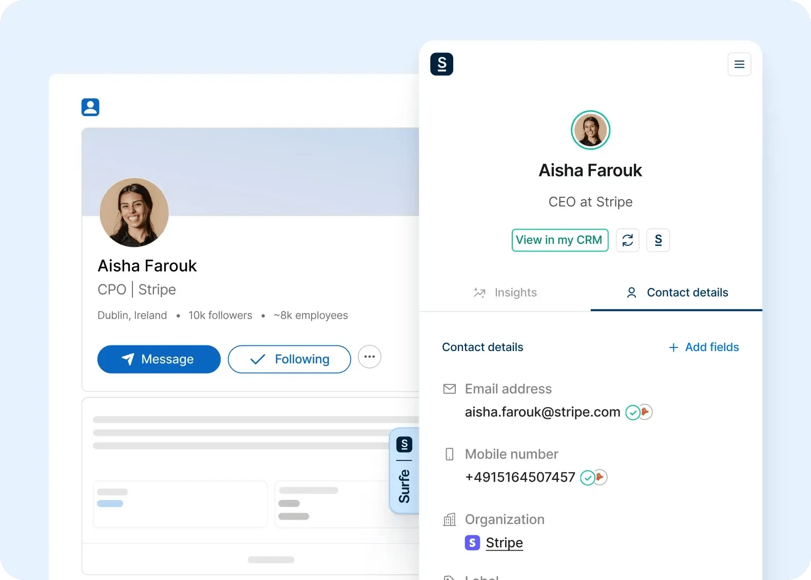 Surfe: Extensión de Surfe con datos del contacto junto a su perfil profesional.