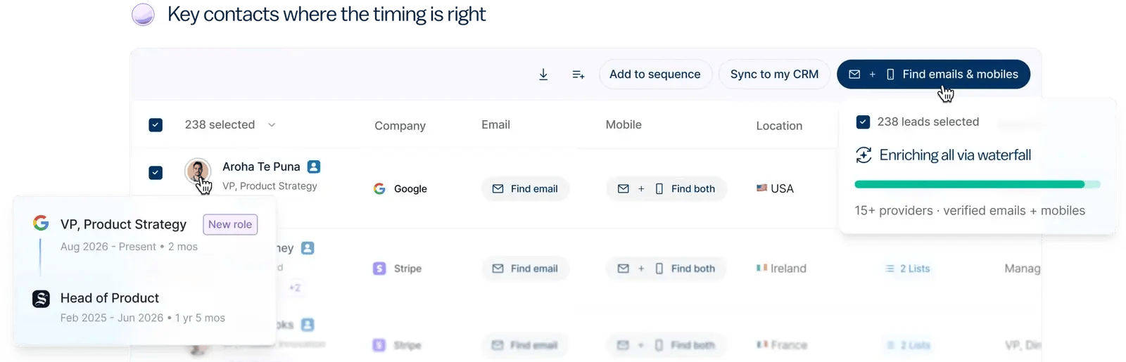Surfe: Tabla de leads y estado del enriquecimiento de datos.