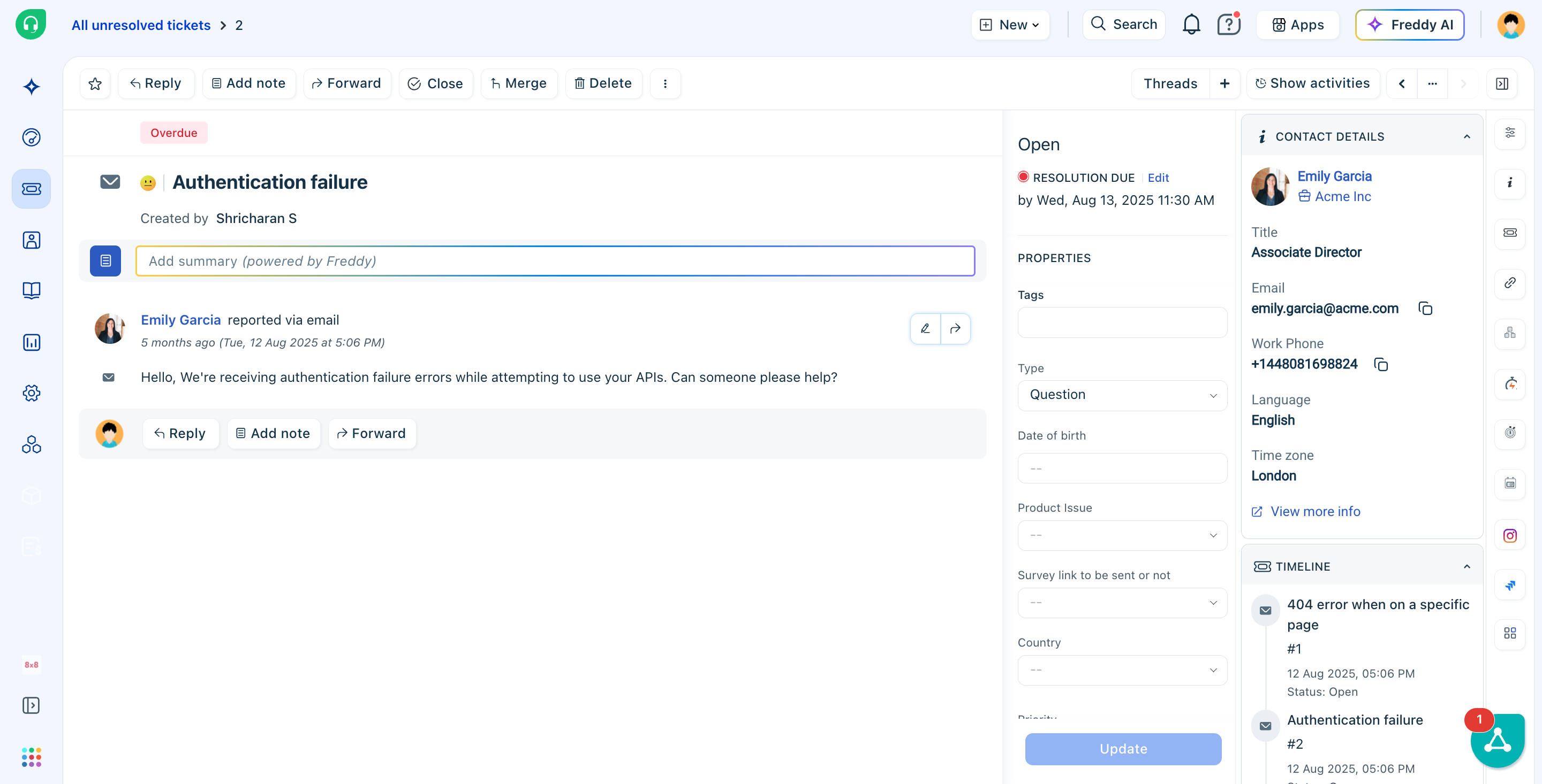 Freshdesk: Conversación, propiedades y datos del contacto en la misma vista.