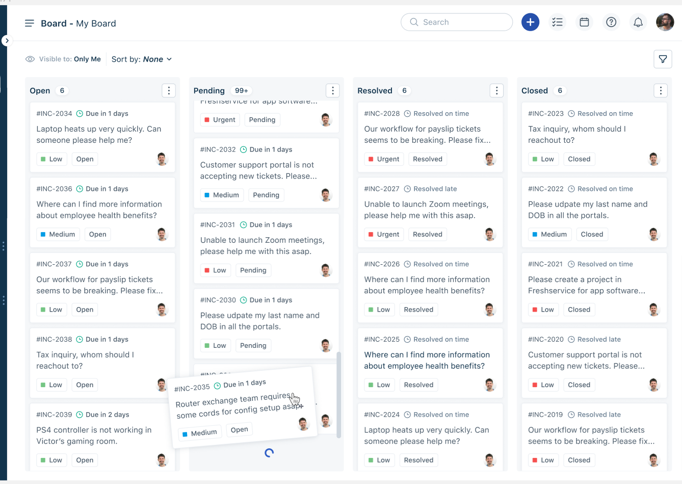 Freshservice: Tablero de Freshservice con solicitudes abiertas, pendientes, resueltas y cerradas.