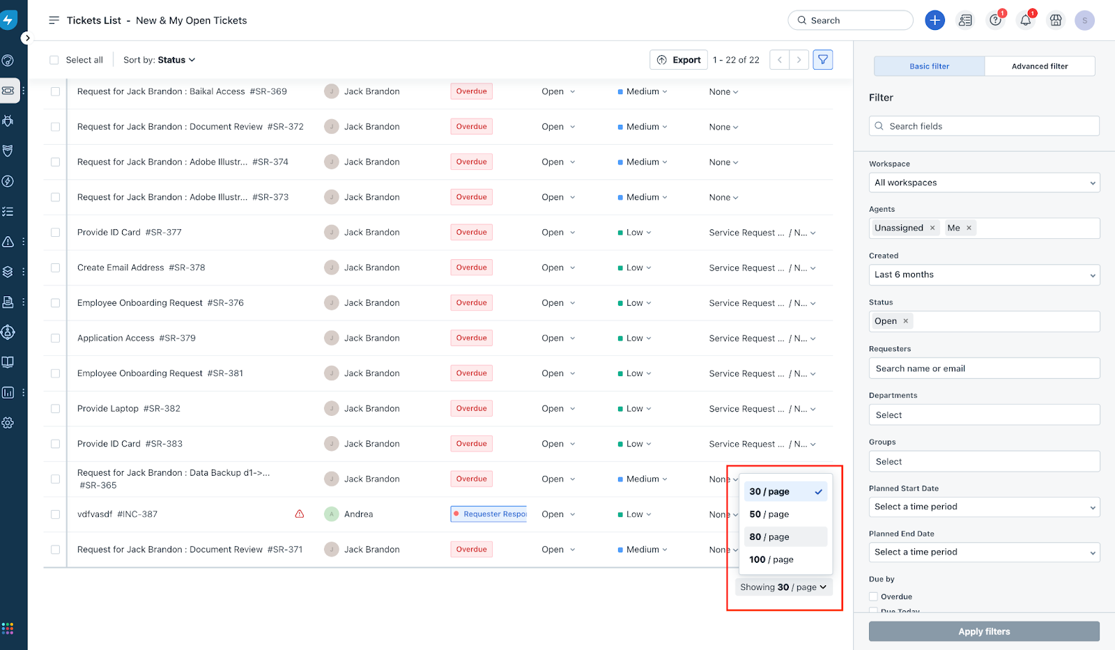 Freshservice: Bandeja de Freshservice con estados, prioridades, responsables y filtros para organizar el trabajo del equipo.