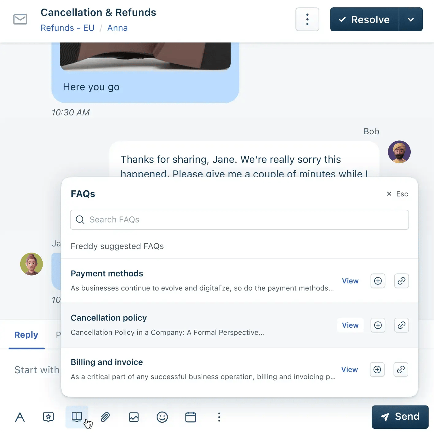 Freshdesk Omni: Detalle de respuestas frecuentes para apoyar al agente.