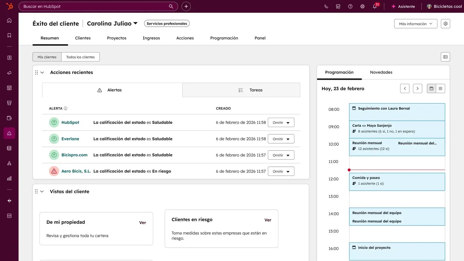 HubSpot: Espacio de Customer Success para seguir cuentas y prioridades.