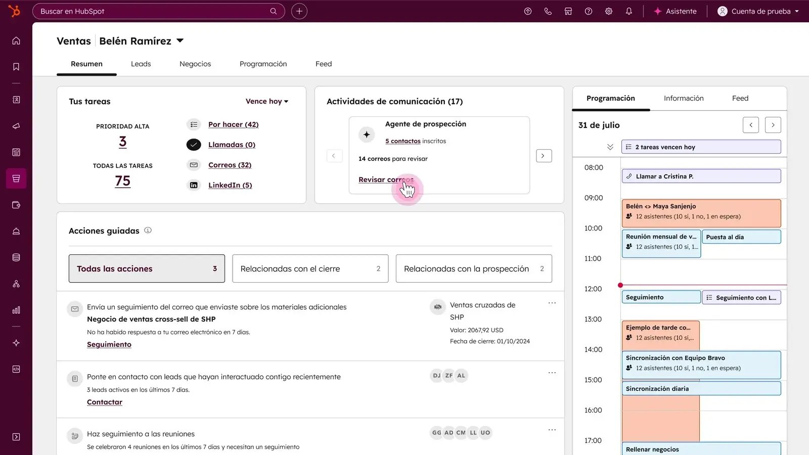 HubSpot: Tareas, leads y agenda del equipo comercial en una misma vista.
